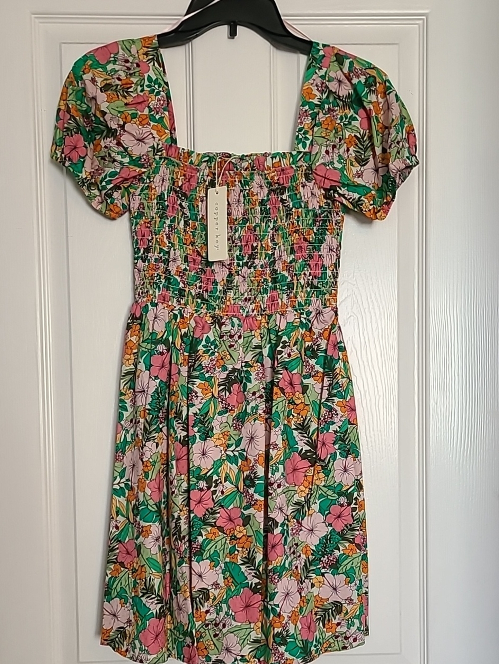 Copper Key Ditsy Hawaiian Floral Print Short Puff Sleeve Smocked Mini Dress